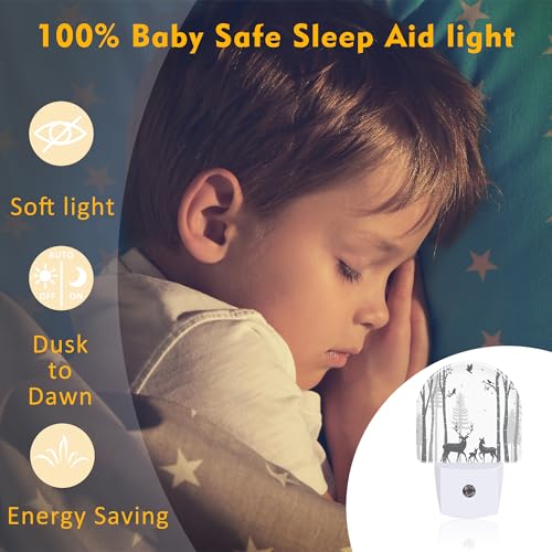 Image of Deer in The Forest Night Light, Birch Tree with Deer Dusk to Dawn Night Light Plug in,0.5w Energy Saving Sleep Friendly NightLight for Kids Boys Girls Home Decor