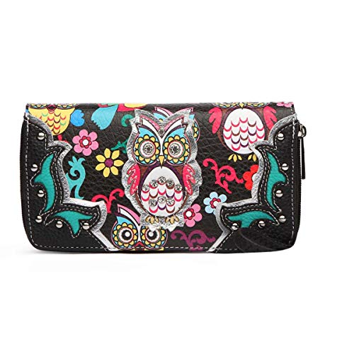 Colorful Owl Western Summer Fashion Purse Concealed Carry Handbags Women Country Shoulder Bag Wallet Set (Black Set)3