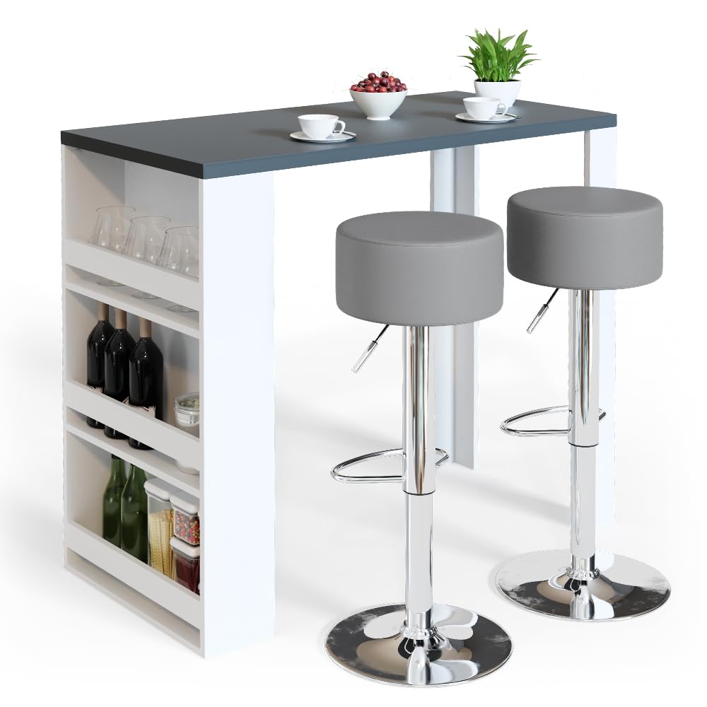 Vicco Set de Mesa de Bar, Blanco/Gris, 57 x 117 cm con 2 taburetes de Bar, Apto como Zona de Comedor Adicional en la Cocina o en el salón