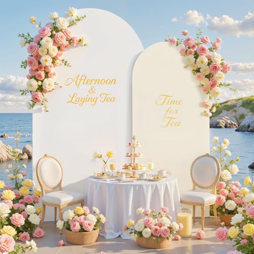 Image of White and Beige Arch Backdrop Cover for Wedding, 7.2FT 6FT Set of 2 Stretchy Spandex Fitted Arch Stand Cover for Baby Shower, Birthday Party Decor, Chiara Backdrop Cover with Double-Sided Design