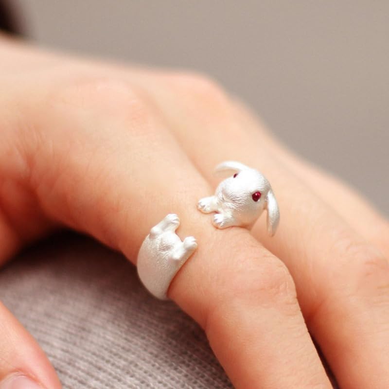 DTECGOUG Cute Rabbit Animal Ring 3D Adjustable Ring Zodiac Jewelry Ring Female Animal Ring Inlaid with Rhinestone Enamel4