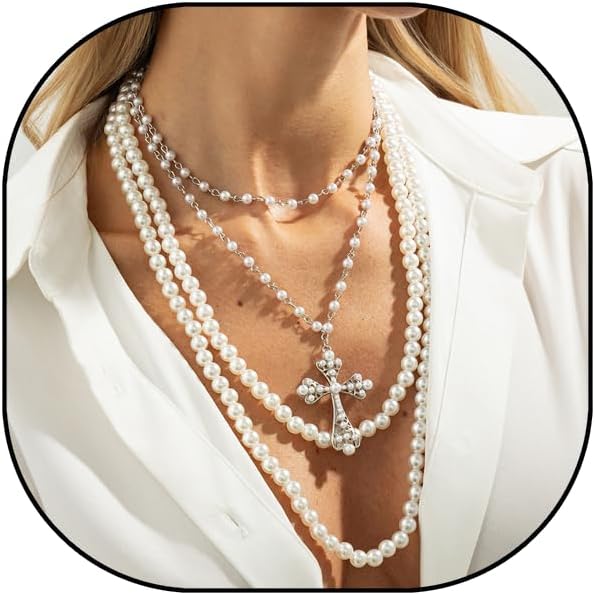 Gothic Pearl Cross Necklace for Women Layered Pearl Beads Cross Pendant Necklaces Chunky Vintage Cross Chain Necklace