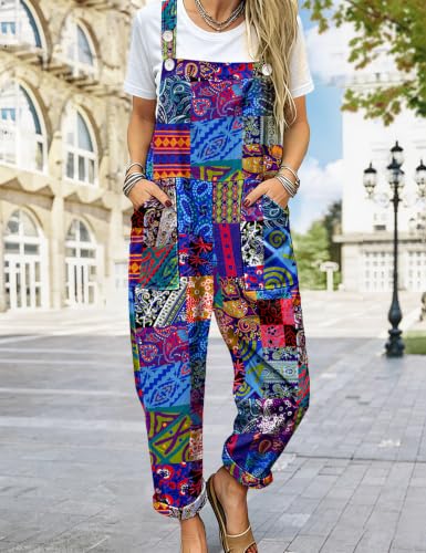 Image of YESNO Women's Overalls Cotton Boho Casual Floral Bib Jumpsuit Baggy Adjustable Strap Romper with Pockets PVV