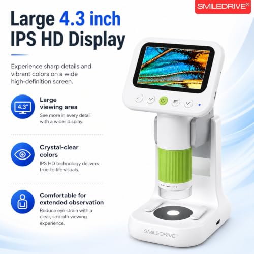 Image of SMILEDRIVE Digital Microscope with 1000X Magnification | 4.3 Inch Screen | USB PC Connectivity | 8 Led lights & 1 backlight | HD Photo & Video Recording | Handheld & Rechargeable | Dual light sources