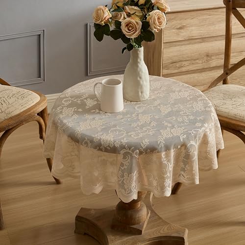HLC.ME Harper Floral Lace Tablecloth, Round, 36 Inch Round, Linen Taupe