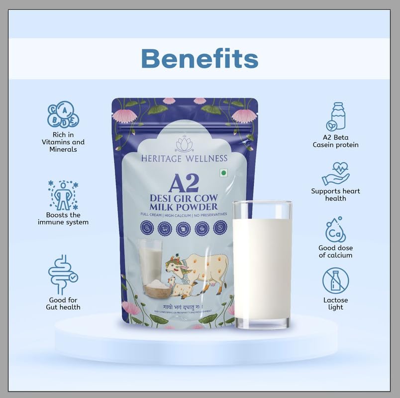 Image of Heritage Wellness A2 Gir Cow Milk Powder 100gm Pack - Premium A2 Gir Cow Milk Powder for Whole Milk Experience - Rich Full Cream - Ideal for Beverages - Nutrient-Rich and Delicious