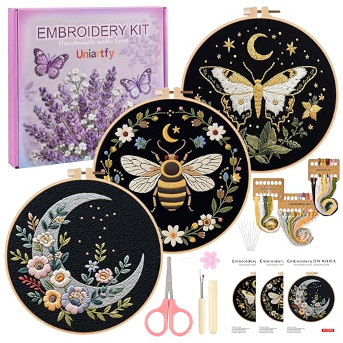 Image of Uniartfy 3 Sets Butterfly Bee Moon Embroidery Kits for Beginners, DIY Cross Stitch Starter Craft Kit for Adults, Needlepoint Kits Including Cloth with Flower Plant Pattern, Hoop, Tools, Instructions