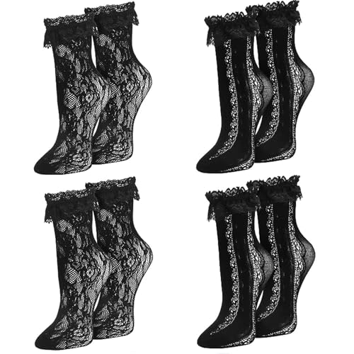 Image of Women Lace Ruffle Socks White Black Frilly Lolita Crew Dress Socks