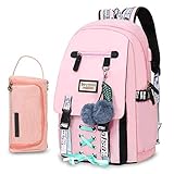 Bevalsa Schulrucksack mit Federmäppchen Schultaschen-Set für Mädchen Teenager Damen Schulranzen Modisch Rucksack Campus Laptop Backpack 20L Nylon Wasserdicht Daypack (Rosa)