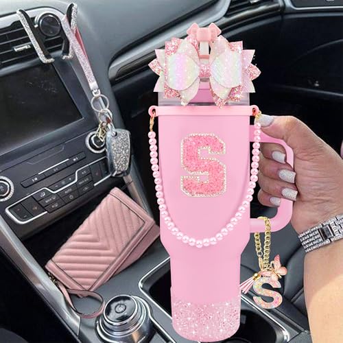Hpebl 9PCS Pink for Stanley Cup Accessories Set 30/40 Oz Bling Initials Bow Charms for Stanley Decorations Tumbler Accessories Including Bow Straw Topper, Pearl Handle Strap,Spill Stopper(Letter S) - image 6