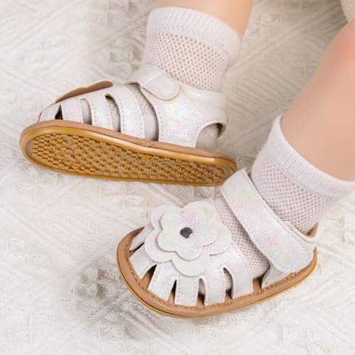 Image of Meckior Baby Toddler Infant Girls PU Leather Soft Open Toe Summer Sandals Flower Princess Flat Shoes