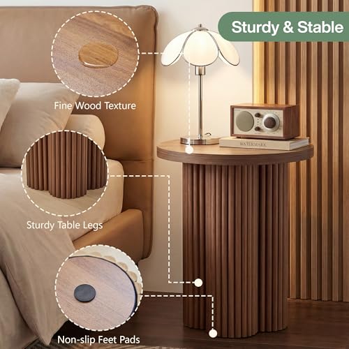 Image of Small Sofa Side Table Set of 2, Fluted Accent Pedestal End Table, Wood Round Night Stand, Farmhouse Bed Side Table Drink Tables for Living Room, Small Spaces (Walnut-2PCS)