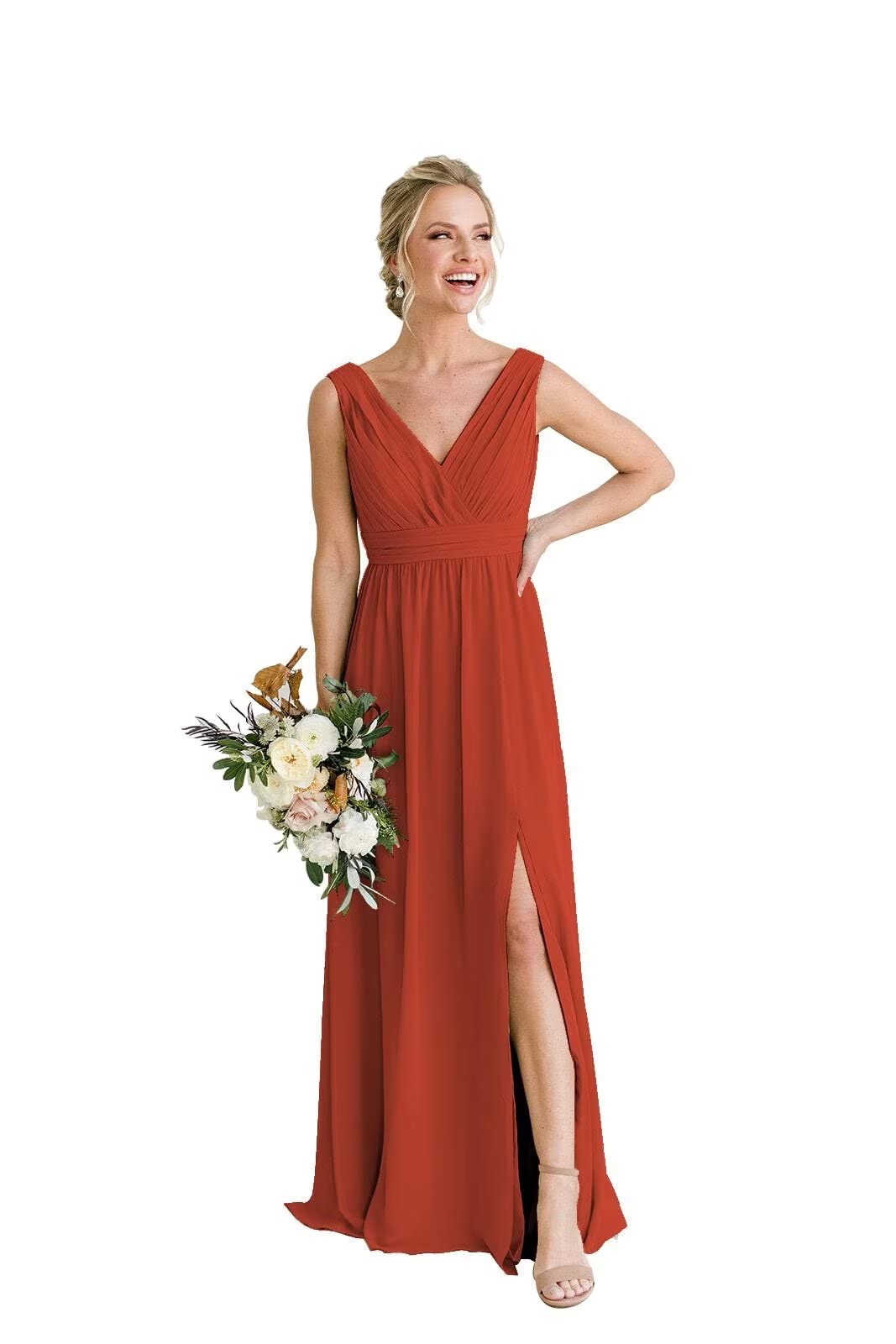 Dexinyuan Bridesmaid Dresses for Women Ruched Long Chiffon A-line V-Neck Sleeveless Formal Dresses