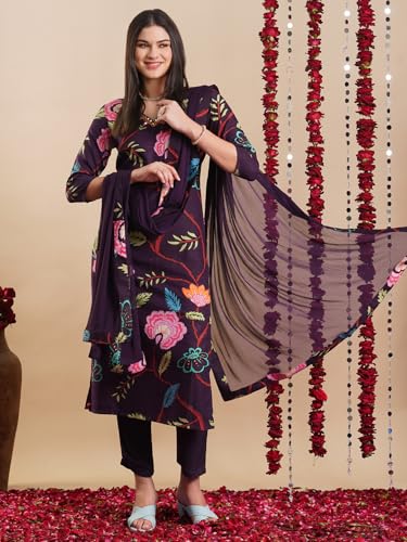 Image of GoSriKi Women's Rayon Blend Straight Printed Kurta with Pant & Dupatta
