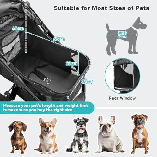 DAISTERN Hundebuggy bis 30 kg, Klappbarer Aluminium-Hundewagen, Gepolsterte Liegefläche, Schwenkbares Vorderrad, Große Hinterrad, Hinterradbremsen, Verstellbarer Griff, Sicherheitsleine, Grau