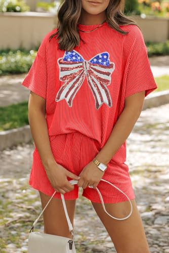 Image of Womens Pajama Sets 2 Piece Pjs Sleepwear Soft Comfy Short Sleeve Tops and Shorts Lounge Set Loungewear Outfit