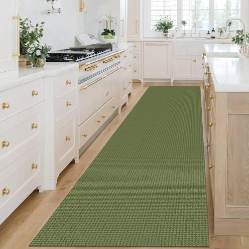 KOZYFLY Extra Long Runners for Hallways 3x14 ft Washable Kitchen Runner Non Slip Rubber Backed Hallway Rug Cotton Entryway Runner Rug Floor Carpet for Indoor Hall, Kitchen,Olive Green/Earthy Green