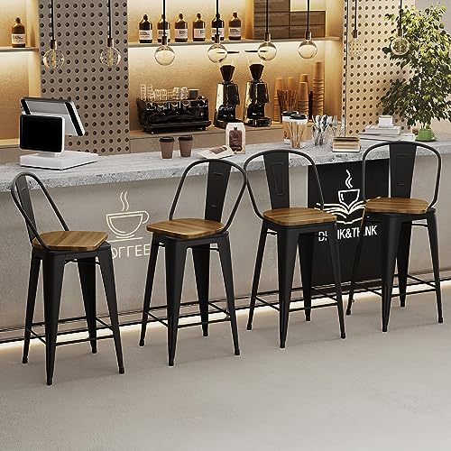 Image of Andeworld 24 Inch Swivel Bar Stools Industrial Metal Barstools High Back Dining Bar Chairs Counter Height Stools with Wooden Seat Set of 4(24 inch Black)