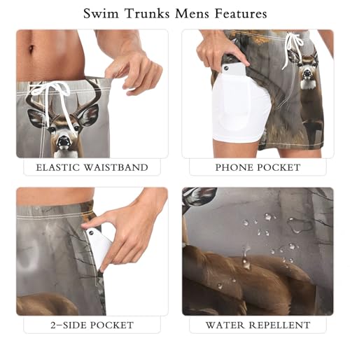Mens Swim Trunks with Liner, Deer Autumn Forest Cool Quick Dry Beach Swim Shorts, Swimwear Bathing Suits S3