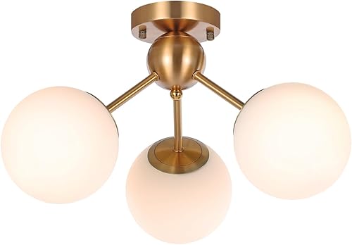 Miniatura 1 de BAODEN Lámpara de techo moderna dorada con forma de globo blanco con pantalla de cristal, 3 luces, montaje semiempotrado, candelabros Sputnik de