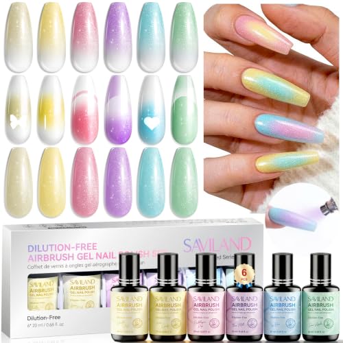 Image of SAVILAND Shimmer Airbrush Gel Nail Polish Dilution Free: 20ml Hema & Acetone Free Opal Symphony Pastel Collection 6 Colors Fine Mist Spray for Ombre Aura & French Nail Art Salon Airbrush Paint Set
