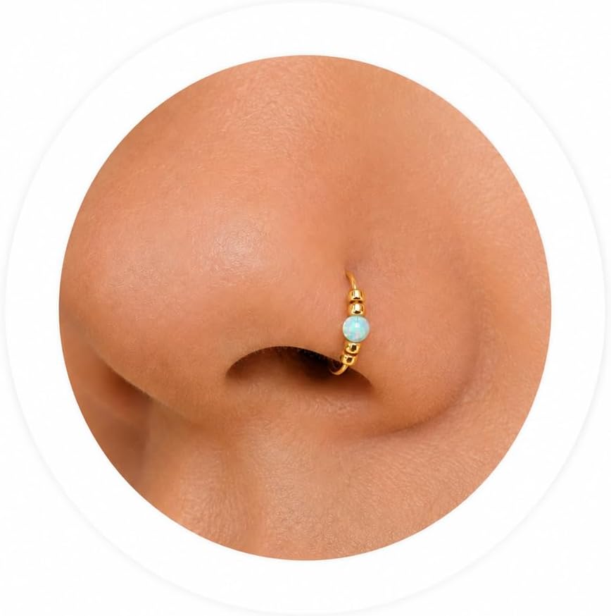 Gold Nose Ring - Thin Tiny 24 Gauge 7mm White Opal Nose Hoop - 14k Gold Filled Nose Rings For Women - Small Handmade Piercing Jewelry - Gift Ready