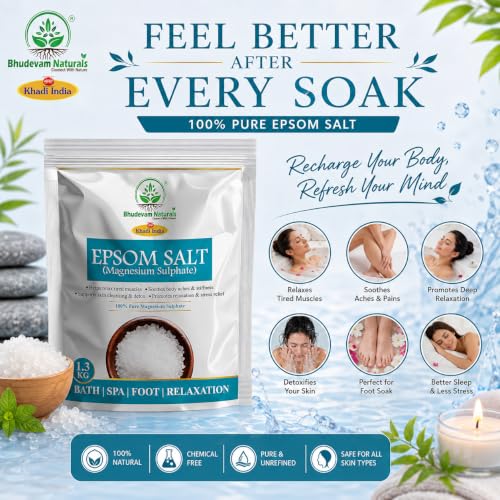 Image of Khadi Premium Grade Pure Epsom Salt for Muscle Pain Relief, Stress Reduction & Detox | 100% Pure Magnesium Sulfate Bath Soak for Relaxation, Skin Care & Foot Spa - 1.3KG