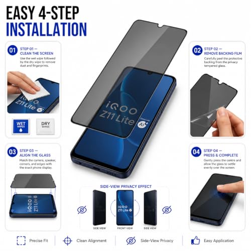 Image of ArmourPro Privacy Tempered Glass for IQOO Z11 Lite - Anti-Spy Anti Peeping Screen Protector, 9H Hardness, Edge-to-Edge Coverage, Ultra Thin, Bubble-Free Installation Kit | Black