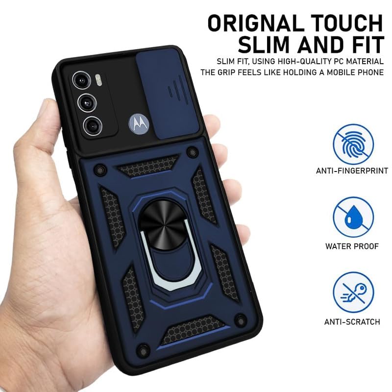 Image of Robot Ring Thunder Case, Shockproof Hybrid Kickstand Back Case Defender Cover for Moto G40 Fusion - Blue (Sliding Camera Window)