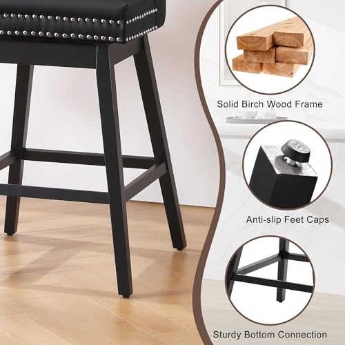 Image of Black Leather Swivel Bar Stools Set of 4 with Back, 30 Inch Counter Height Chairs, Solid Wood Legs, Tufted Seat, Comfortable and Stylish for Kitchen, Island, Home Bar(Black, 4 Pack, 30 inch H)