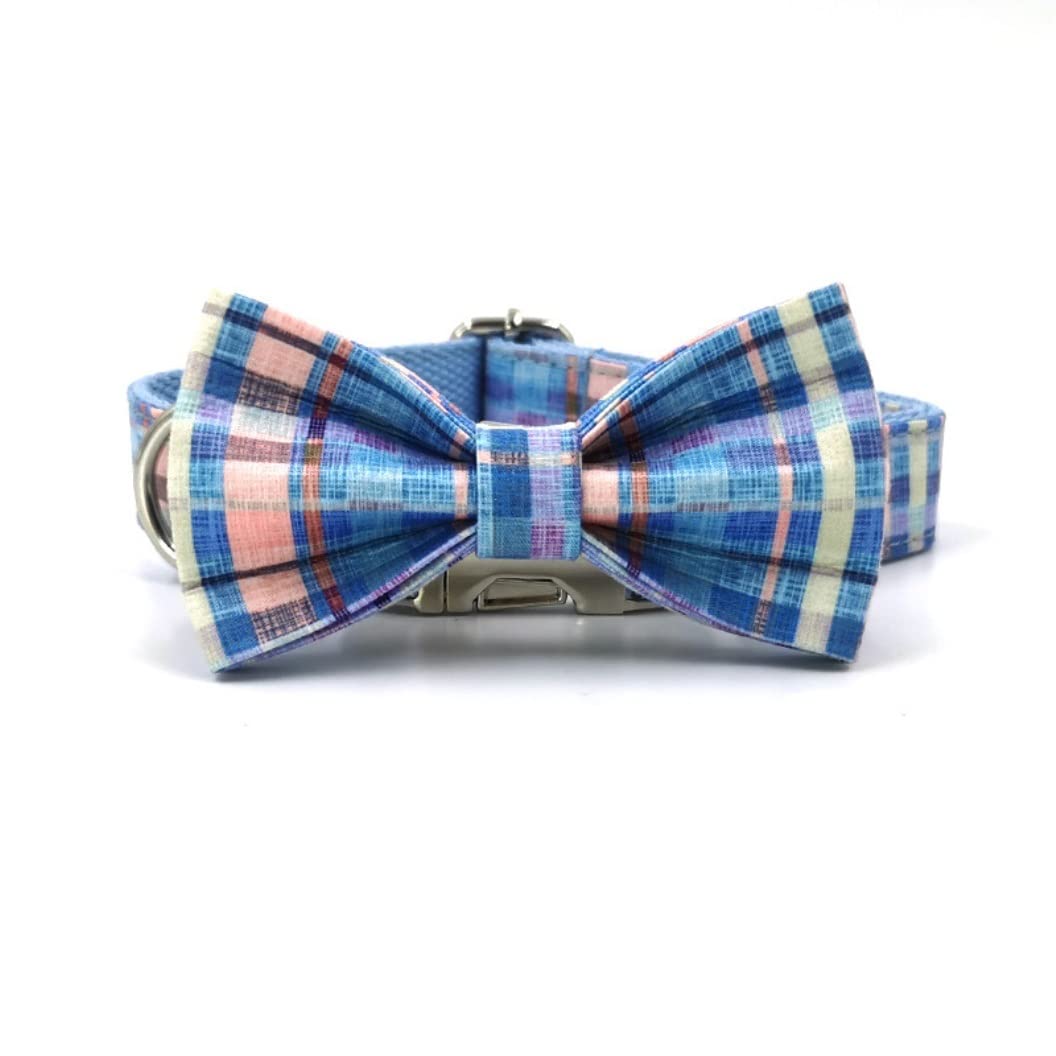 Smycz dla Psa Oddychające Szelki dla psa Kamizelka psów Bez ściągania Ucieczka Obroża i zestaw smyczy Niebieskie paski Puppy Bowtie Collar Miękkie Regulowana(56-62cm)