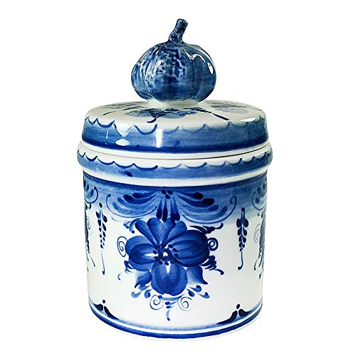 Garlic Keeper with Lid Garlic Storage Jar Blue White Porcelain Gzhel 35 x 35 x 51-inch Garlic Container