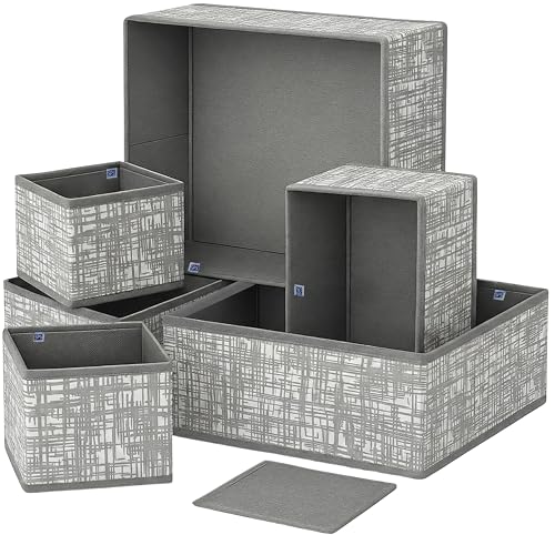 Image of Skrill Non Woven 6-Piece Foldable Clothing Storage Box Set| Cube Baskets,Bins & Dividers for Closet & Dresser Drawer Organization| Storage for Shirts, Pants,Underwear,Bras,Socks&More(Crosshatch Grey)