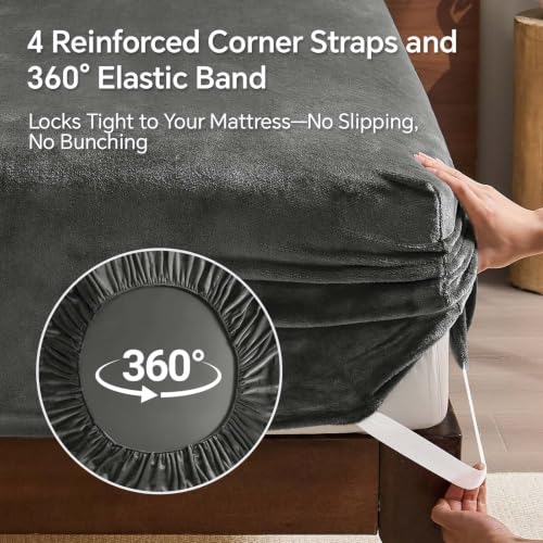 Image of BEDELITE Flannel Full Fitted Sheet & Pillowcases Set, Dark Grey, 3 Pieces | Ultra Soft Plush Fleece Bed Sheet with Elastic Corner Straps, 16 Inch Deep Pocket, Fuzzy All-Season Gift & Room Decor