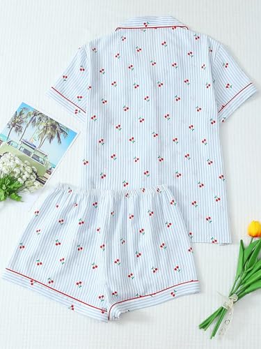 Image of BEAUDRM Women's Two Piece Pajama Sets Allover Print Short Sleeve Sleepwear Button Down Shirt and Bow Shorts Pj Set Loungewear