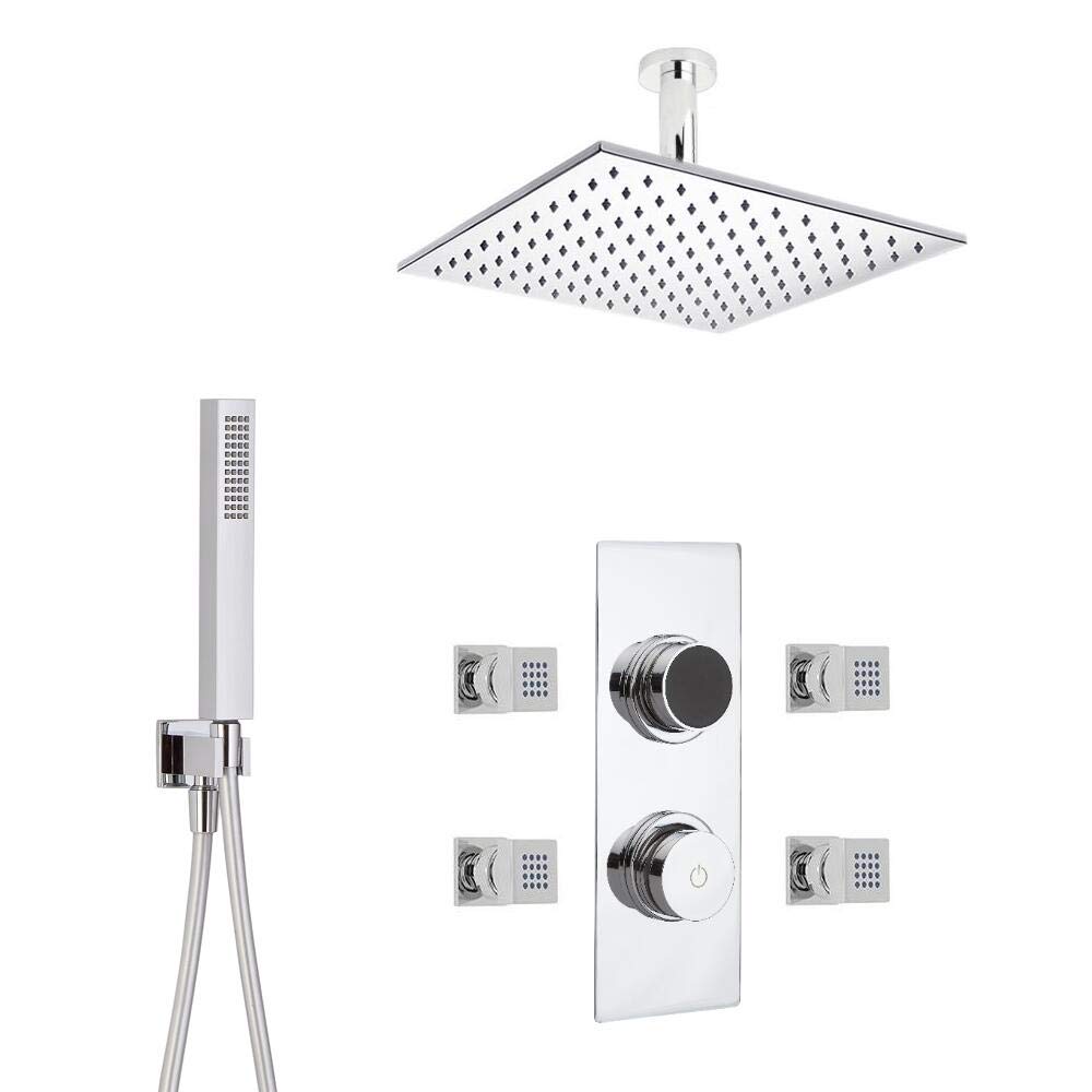 Milano Chrome Vis Digital Thermostatic Mixer Valve 300Mm Square Shower Head Handset Body Jets