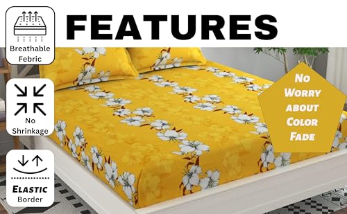 Image of Cotton Feel Glace Cotton Elastic Fitted All Around Elastic Printed King Size Double Bed Bedsheet with 2 Pillow Cover (72 inchx78 inch Yellow Floral)