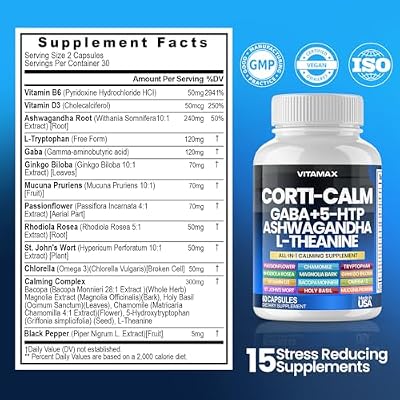 Corti-Calm Cortisol Supplement, L Theanine, Ashwagandha, Vitamin D 3, GABA for Relaxation, Fatigue & Focus with Ginkgo Biloba, Bacopa Monnieri, 5-HTP Non-GMO, Made in USA 60ct