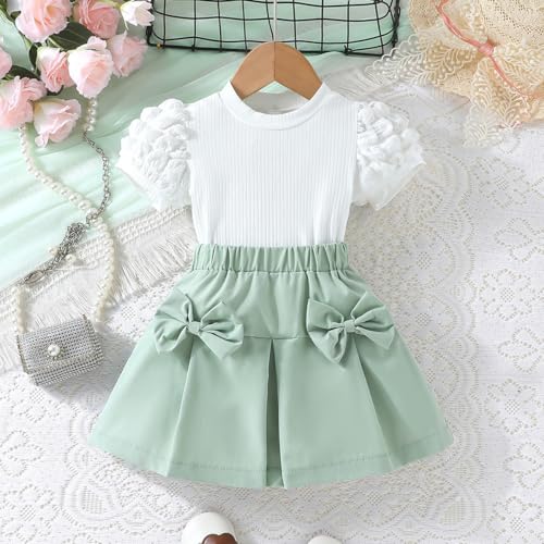 Image of 2-7Y Toddler Girl Skirt Set Kid 2Pcs Outfits Puff Short Sleeve Top Pleated Skirt with Bowknot Spring Summer Clothes