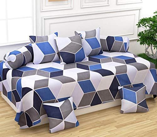 SIMRITA Diwan Set Glace Cotton | Diwan Printed Bedsheet Sets for Living Room Hall (Set of 8 Piece, 1-Bed Sheet 60x90 Inch | 2-Bolster Cover 16x32 Inch | 5-Cushion Cover 16x16 Inch) Blue-White-image-47