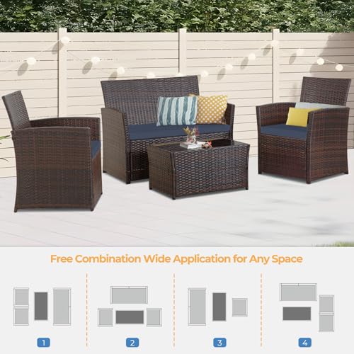 FHFO 4 Piece Outdoor Patio Furniture Sets, Wicker Sectional Conversation Sofa Set, Rattan Table and Chairs and Loveseat with Cushions for Outside Balcony Porch Backyard (Brown-Blue) - Thumbnail 6