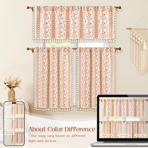 Image of Yinhua Boho Kitchen Curtains 36 Inch Length Vintage Linen Cafe Curtains Light Filtering Bohemian Floral Tier Rod Pocket Farmhouse Rustic Tassel Small Drapes with Tiebacks, 2 Panels, White Orange