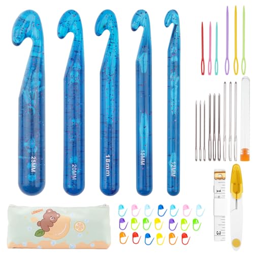 Image of BsHooker 43Pcs Crochet Hooks Set,Plastic Crystal Crochet Hook with Case,5 Sizes Large Crochet Hooks for Chunky Yarn Ergonomic Crochet Needles for Beginners and Crocheting Yarn 12mm-25mm,Blue