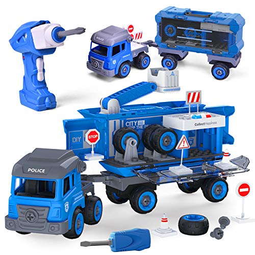 FUN LITTLE TOYS Electric Remote Control Construction Police Car - 81 Pieces, Take Apart Construction Vehicles for Kids Gifts, Educational Toys for Kids