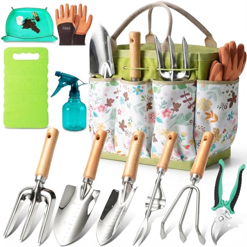 Garden Tool Set 11-Piece Heavy Duty Gardening Hand Tools - Rust-Resistant Stainless Steel with Durable Stylish Garden Tools Organizer Tote Bag | Ideal Gardening Gift for Women & Garden Enthusiasts