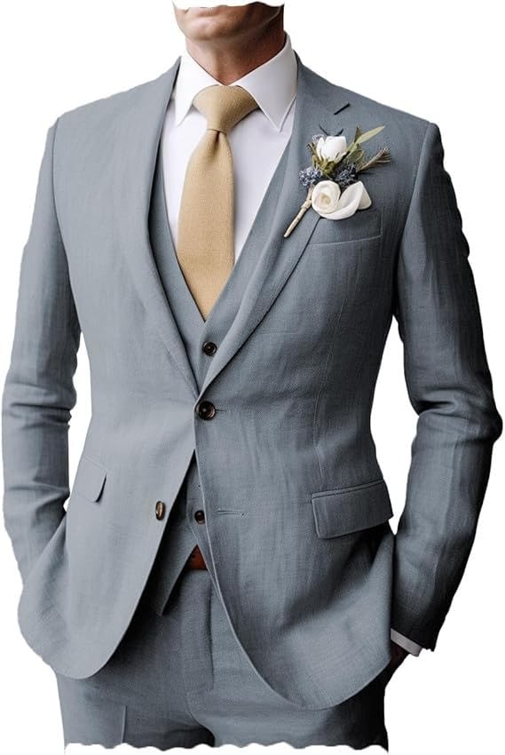 Men's Suits Regular Fit Summer 3 Piece Beach Linen Tuxedos Jacket+Vest+Pants Wedding Groomsman3