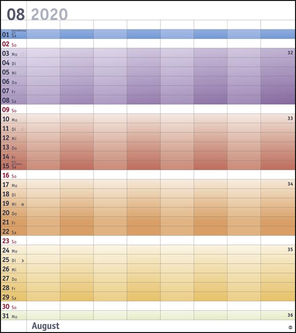 Bunte Wochen Planer XXL. Wandkalender 2020. Monatskalendarium. Spiralbindung. Format 40 x 45 cm