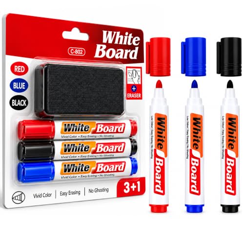 Image of KLIFFOO Whiteboard Markers with Duster Set, 3 Color Bold Point Marker Pens (Blue, Black & Red) with Board Eraser, Refillable & Erasable Ink, White Board Marker for Office, School & Classroom