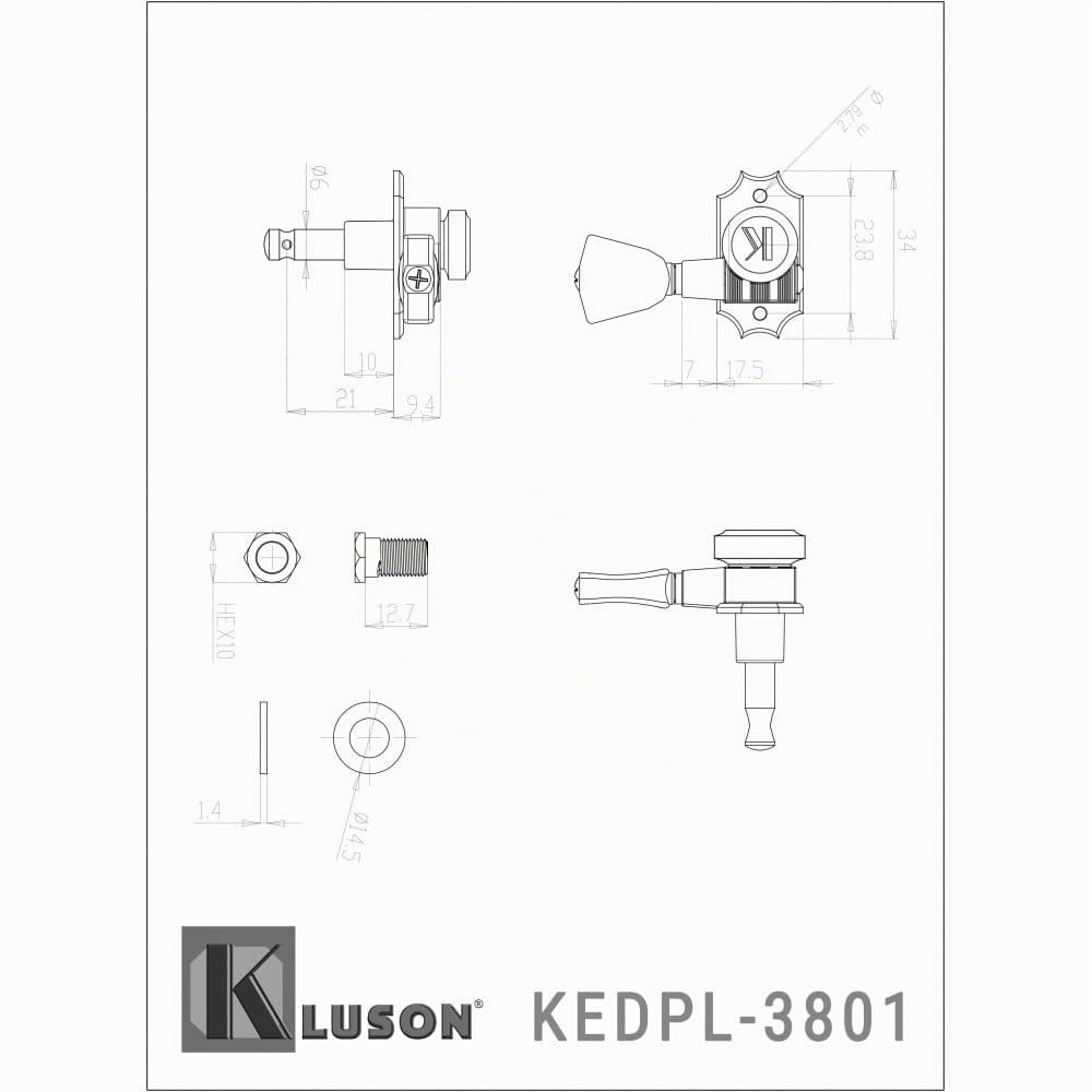 Northwest Guitars Stimmmechanik Kluson Druckguss Revolution Tuner – 3 pro Seite – Perloid Keystone Button, Schlösser nickel