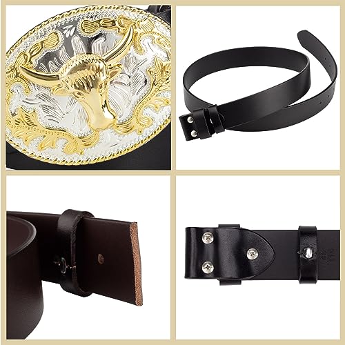 Belt Men Bull, Western Cowboy Belts for Men Golden Bull Leather Belt,Black,110CM/43.3''3
